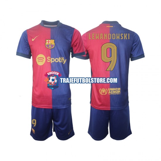 Camiseta 1ª FC Barcelona UCL Font Robert Lewandowski 9 Niño 2024-2025 Manga Corta