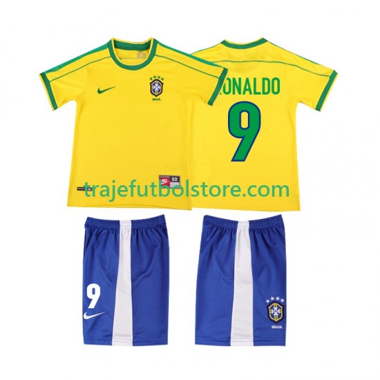 Camiseta 1ª Brasil Ronaldo 9 Retro Niño 1998 Manga Corta