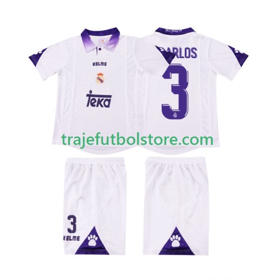 Camiseta 1ª Real Madrid R CARLOS 3 1997 Retro Niño 1998 Manga Corta