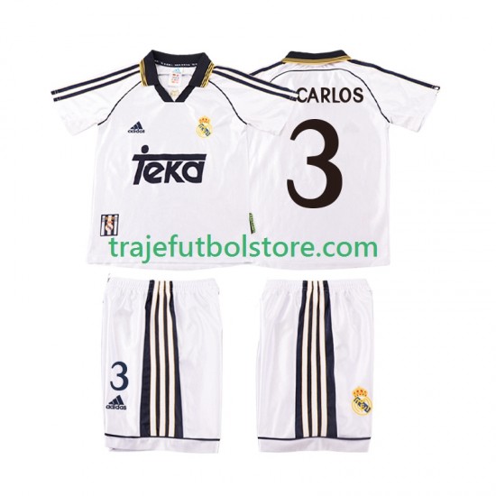 Camiseta 1ª Real Madrid R CARLOS 3 2000 Retro Niño 1998 Manga Corta