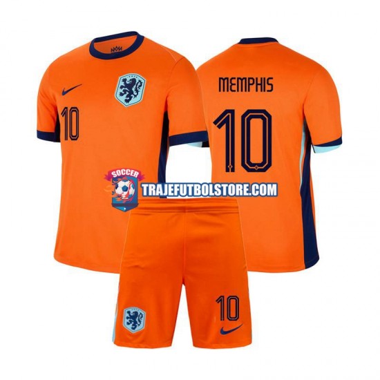 Camiseta 1ª Países Bajos Memphis Depay 10 Niño Euro 2024 Manga Corta