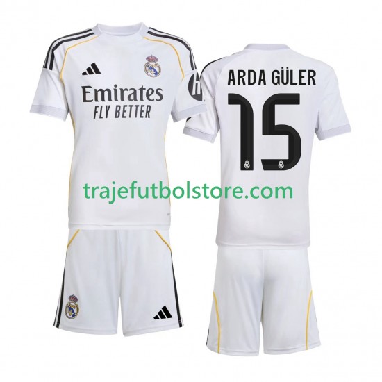 Camiseta 1ª Real Madrid Arda Guler 15 Niño 2025-2026 Manga Corta