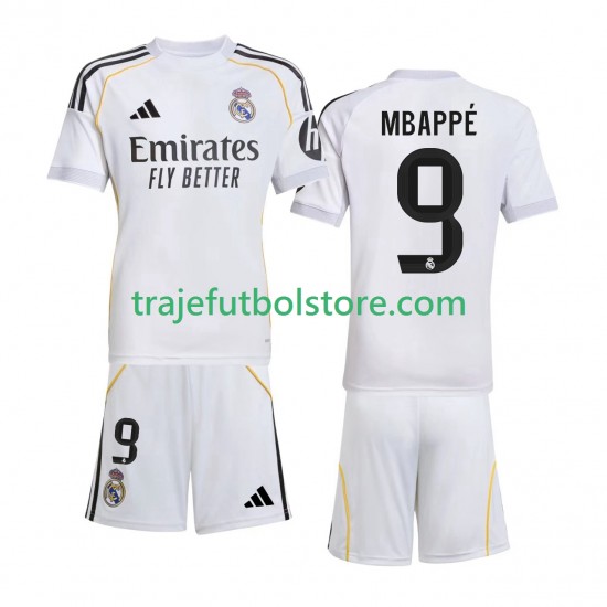 Camiseta 1ª Real Madrid Mbappé Kylian 9 Niño 2025-2026 Manga Corta