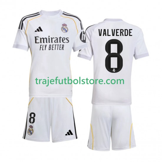 Camiseta 1ª Real Madrid Valverde 8 Niño 2025-2026 Manga Corta