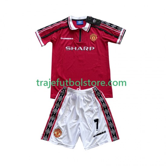 Camiseta 1ª Manchester United Beckham 7 Retro Niño 1998 1999 Manga Corta