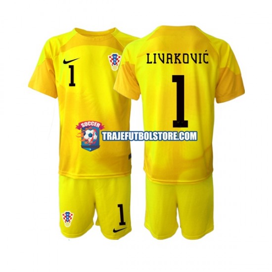 Camiseta 1ª Croacia Dominik Livakovic 1 Portero Niño Copa Mundial 2022 Manga Corta