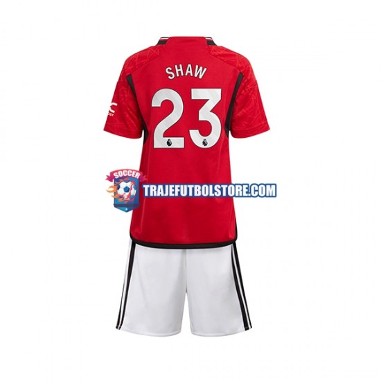 Camiseta 1ª Manchester United Luke Shaw 23 Niño 2023-2024 Manga Corta