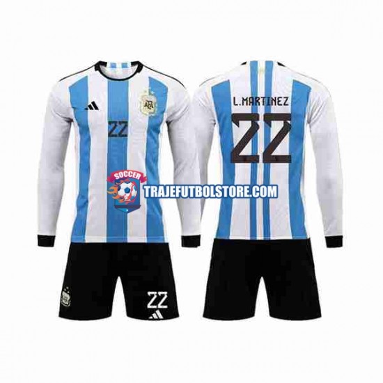 Camiseta 1ª Argentina 3 Stars Lautaro Martinez 22 Niño Copa Mundial 2022 ML