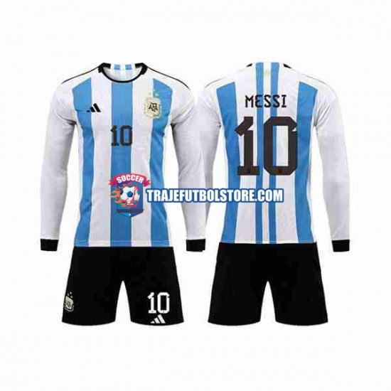 Camiseta 1ª Argentina 3 Stars Lionel Messi 10 Niño Copa Mundial 2022 ML