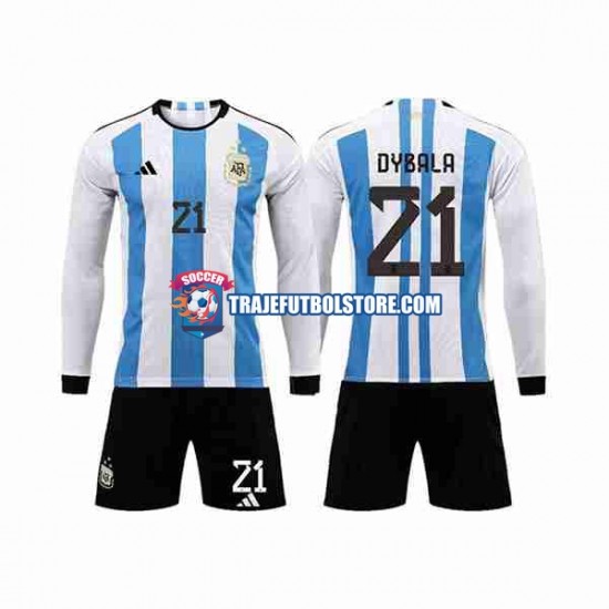 Camiseta 1ª Argentina 3 Stars Paulo Dybala 21 Niño Copa Mundial 2022 ML