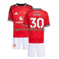 Camiseta 1ª Manchester United Benjamin Sesko 30 Niño 2025-2026 Manga Corta