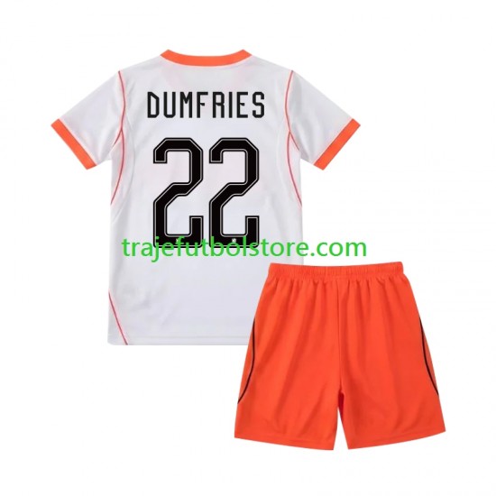 Camiseta 2ª Países Bajos Denzel Dumfries 22 Niño Copa Mundial 2026 Manga Corta