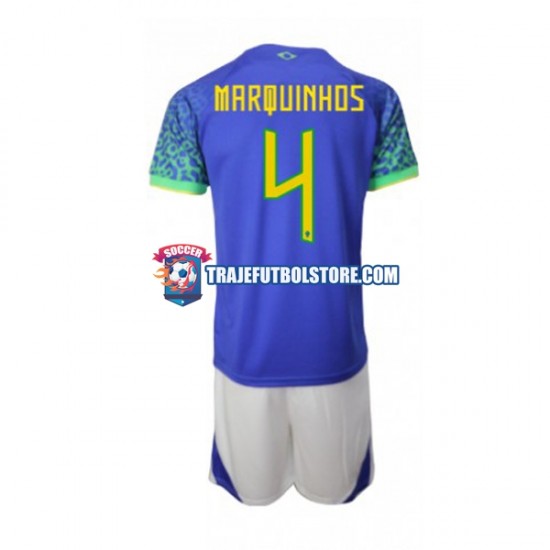 Camiseta 2ª Brasil Marquinhos 4 Niño Copa Mundial 2022 Manga Corta