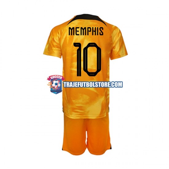 Camiseta 1ª Países Bajos Memphis Depay 10 Niño Copa Mundial 2022 Manga Corta